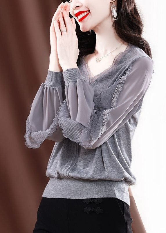 Style Grey V Neck Tulle Patchwork Ruffles Cotton Shirt Top Long Sleeve