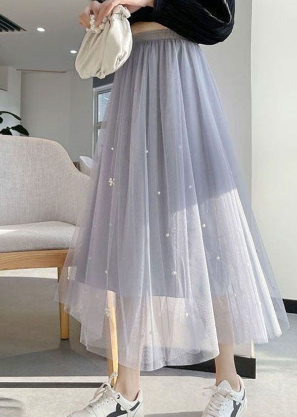 Style Grey Wrinkled Nail bead Patchwork Tulle Skirts Summer