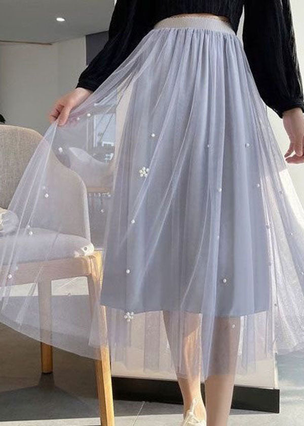 Style Grey Wrinkled Nail bead Patchwork Tulle Skirts Summer