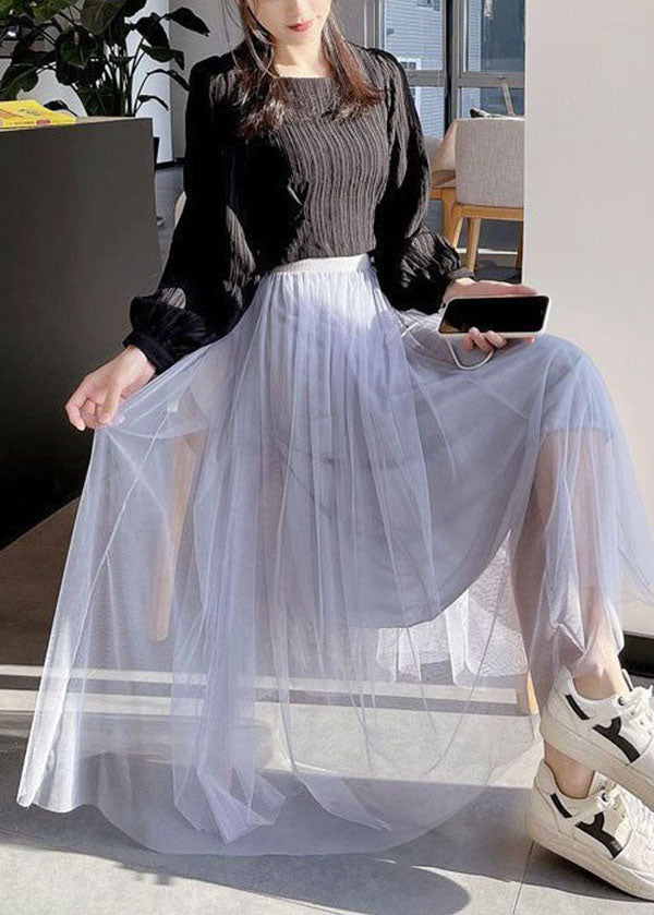 Style Grey Wrinkled Nail bead Patchwork Tulle Skirts Summer