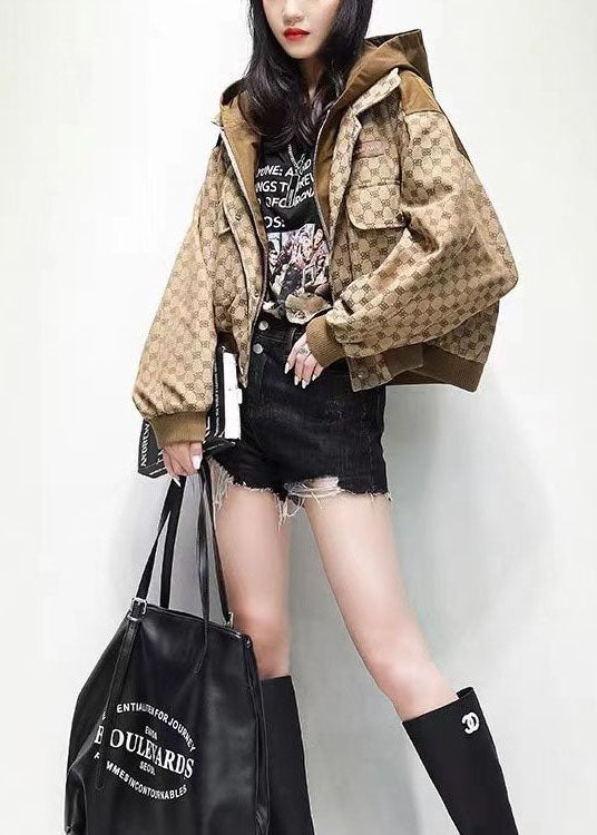 Style Khaki Hooded Patchwork Print Oversized Jacket Spring