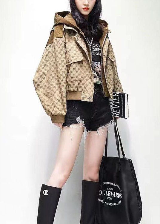 Style Khaki Hooded Patchwork Print Oversized Jacket Spring