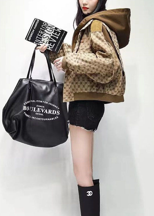 Style Khaki Hooded Patchwork Print Oversized Jacket Spring