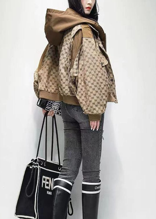 Style Khaki Hooded Patchwork Print Oversized Jacket Spring