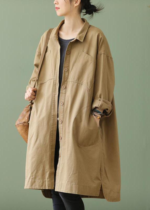 Style Khaki PeterPan Collar Pockets Button low high design Fall Long sleeve Trench Coat - Omychic