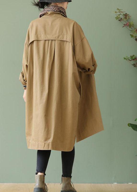 Style Khaki PeterPan Collar Pockets Button low high design Fall Long sleeve Trench Coat - Omychic