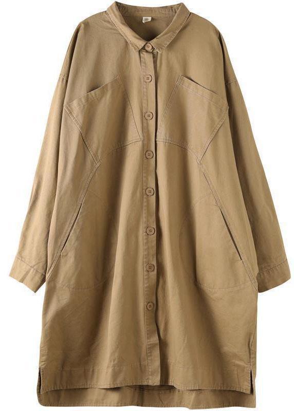 Style Khaki PeterPan Collar Pockets Button low high design Fall Long sleeve Trench Coat - Omychic