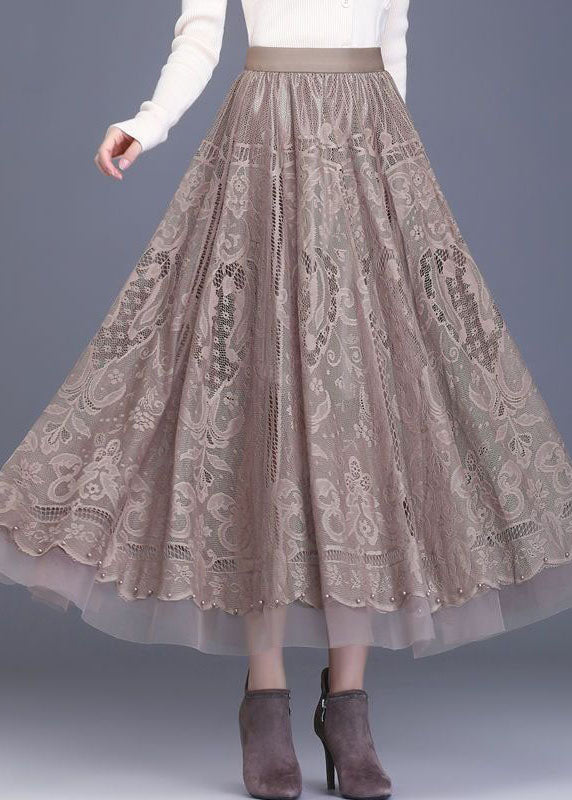 Style Khaki Wrinkled Tulle Patchwork Hollow Out Lace Skirt Spring