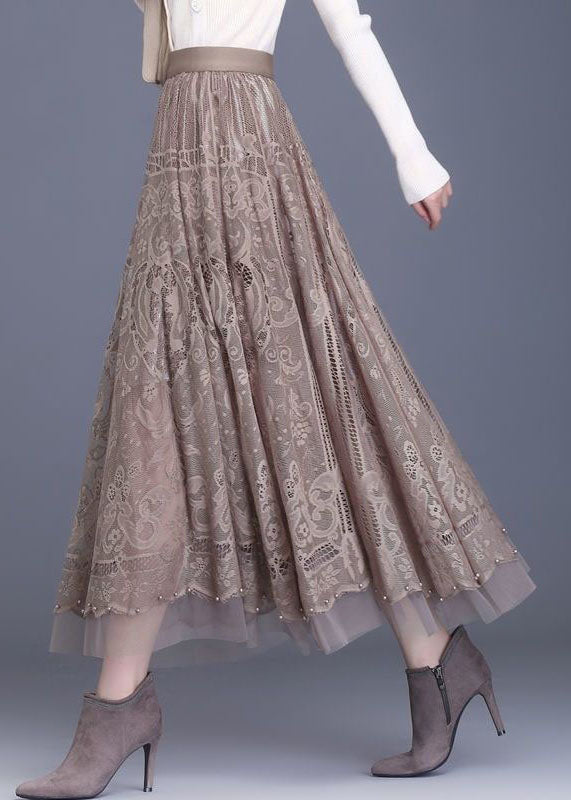 Style Khaki Wrinkled Tulle Patchwork Hollow Out Lace Skirt Spring