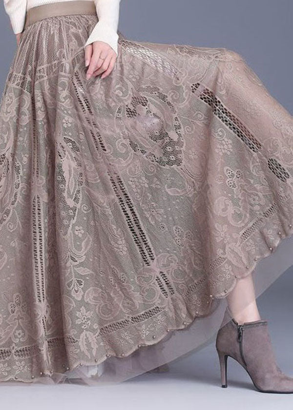 Style Khaki Wrinkled Tulle Patchwork Hollow Out Lace Skirt Spring