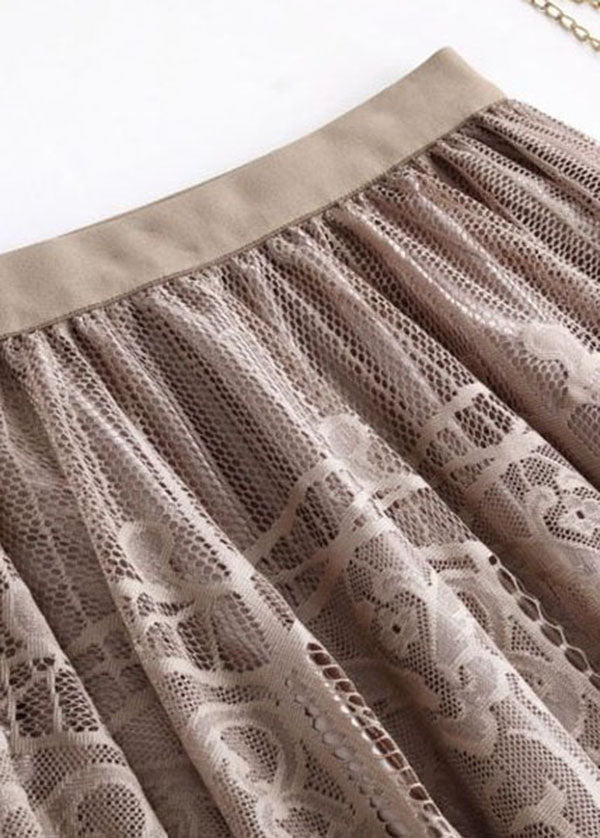 Style Khaki Wrinkled Tulle Patchwork Hollow Out Lace Skirt Spring