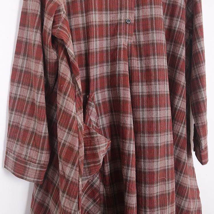 Style Large pockets cotton dresses Sweets Work red Plaid cotton Dresses - Omychic