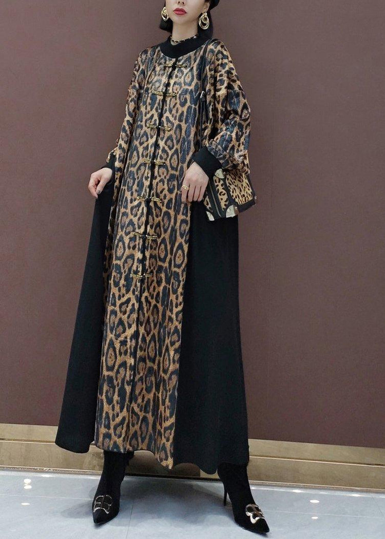 Style Leopard Clothes Stand Collar Patchwork Art Spring Dress - Omychic