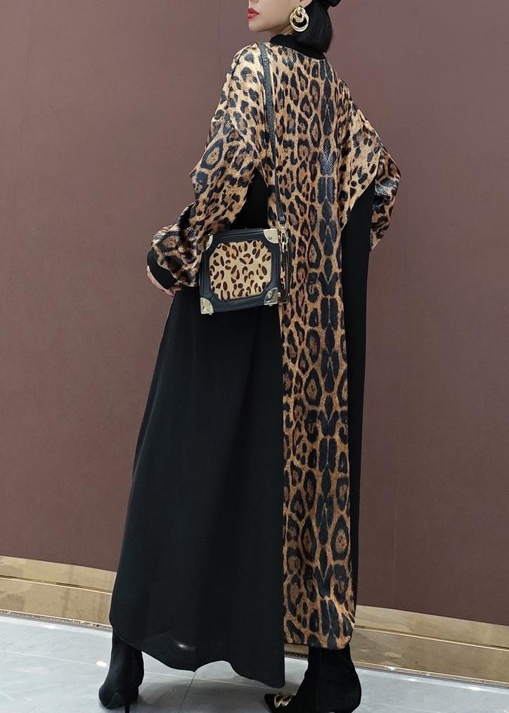 Style Leopard Clothes Stand Collar Patchwork Art Spring Dress - Omychic