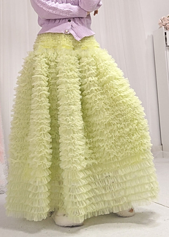 Style Light Green Layered Ruffled Patchwork Tulle Skirt Spring