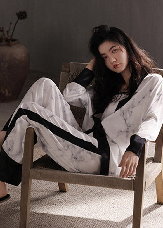 Style Light Grey V Neck Print Tie Waist Ice Silk Pajamas Three Pieces Set Spring - Omychic