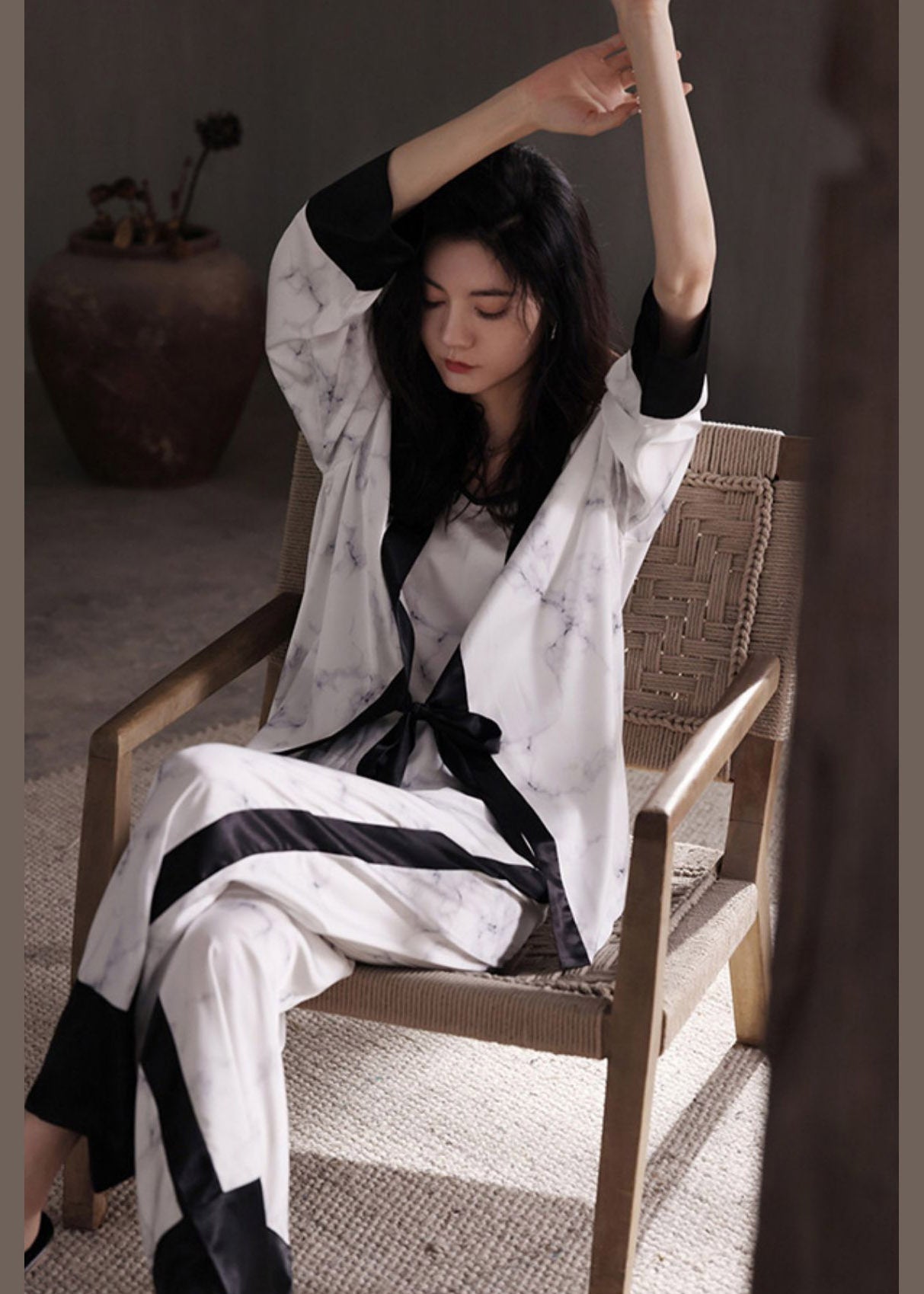 Style Light Grey V Neck Print Tie Waist Ice Silk Pajamas Three Pieces Set Spring - Omychic