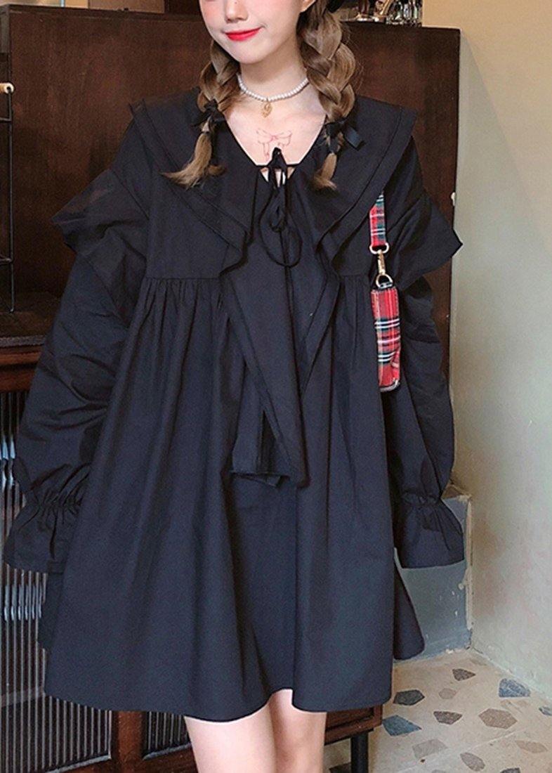 Style Long Sleeve Linen Spring Clothes Shape Black Dress - Omychic