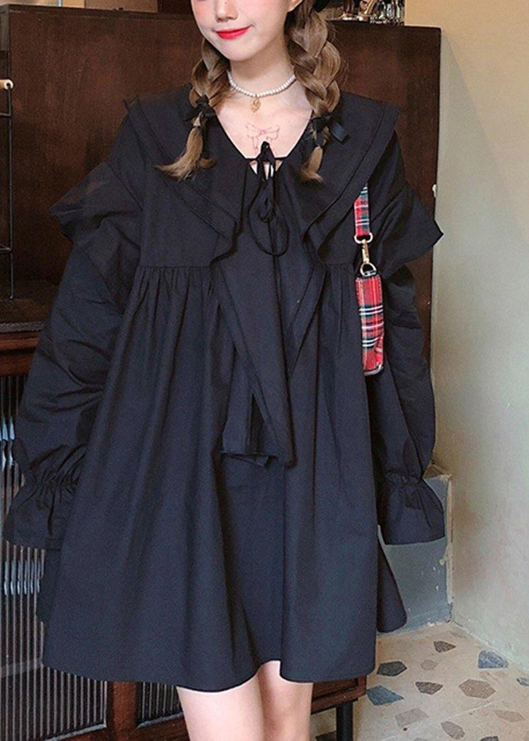 Style Long Sleeve Linen Spring Clothes Shape Black Dress - Omychic