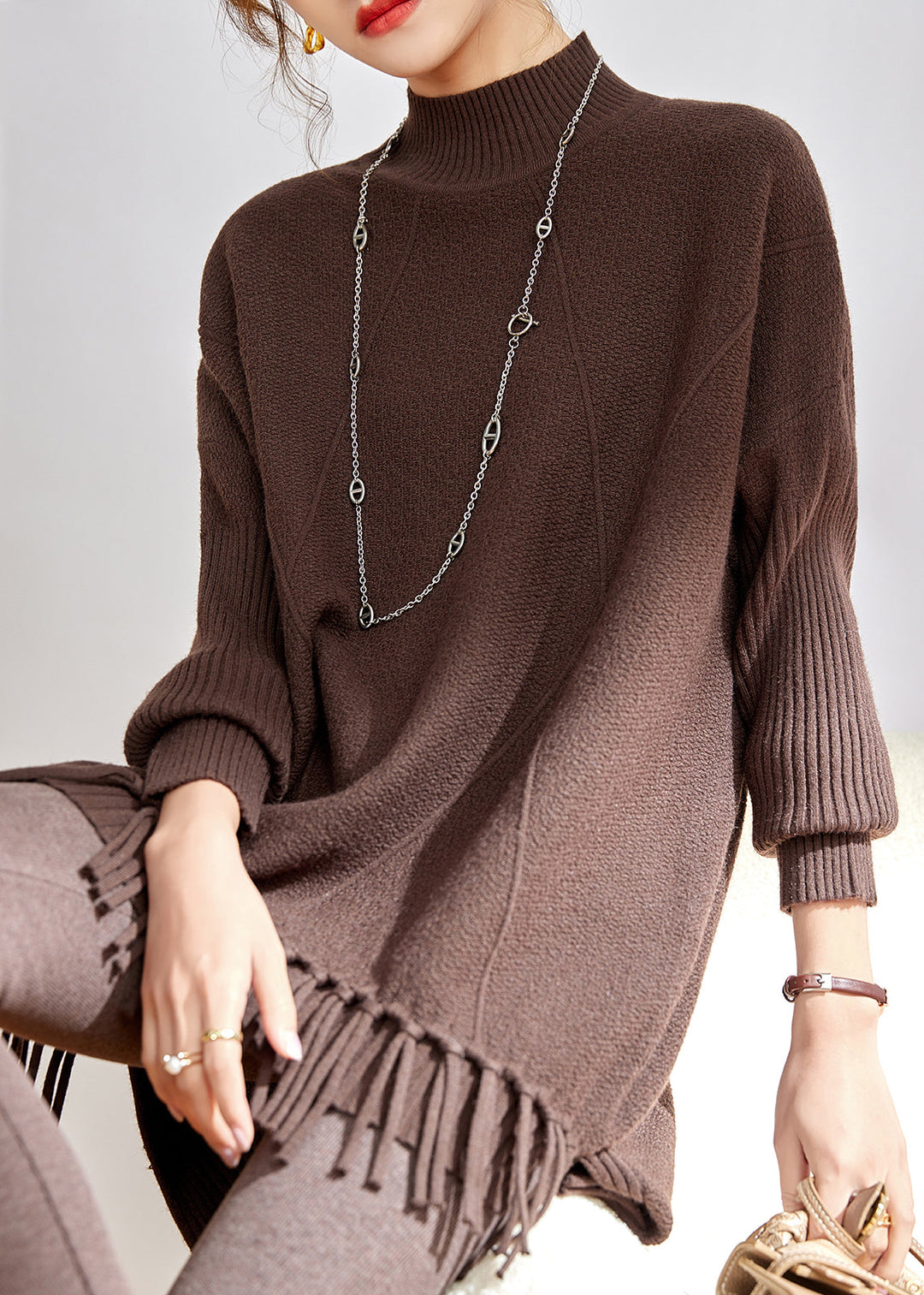 Style Loose Coffee Tasseled Thick Patchwork Knit Sweaters Winter