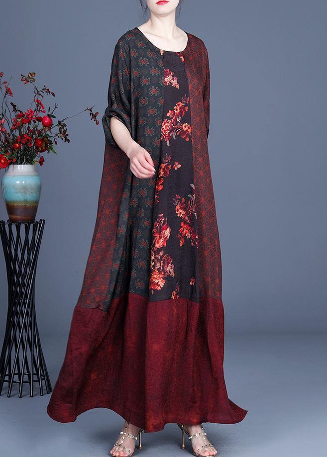 Style Mulberry Print Patchwork Robe Dresses Summer Spring - Omychic
