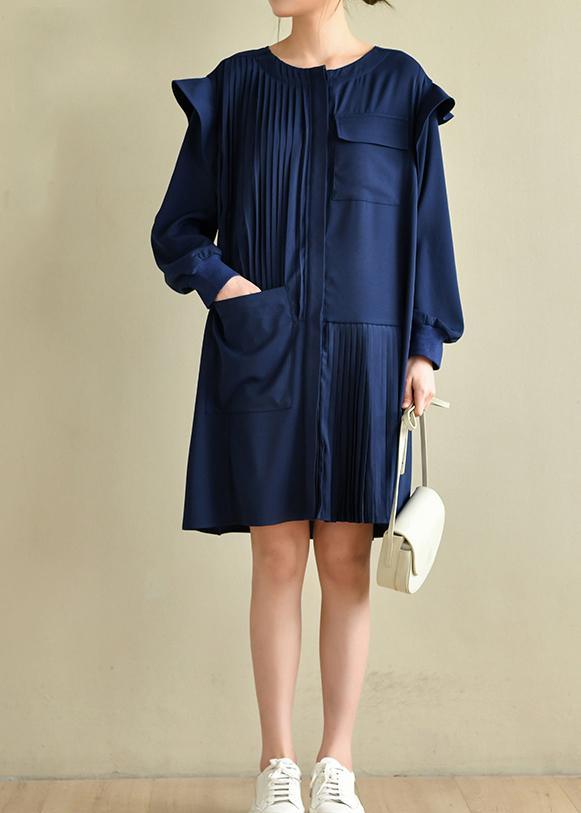 Style Navy Asymmetric Dresses O Neck Chiffon Dress - Omychic