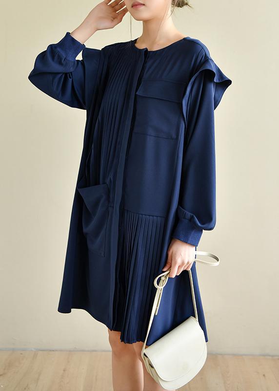 Style Navy Asymmetric Dresses O Neck Chiffon Dress - Omychic