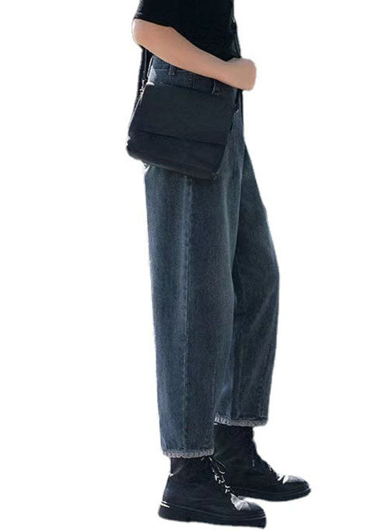 Style Navy-Floral High Waist Pockets Harem Casual Fall Denim Pants