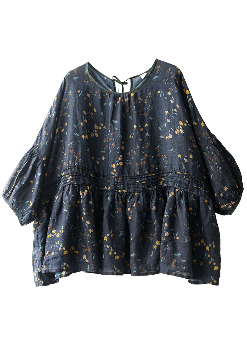 Style Navy O-Neck Wrinkled Print Linen Loose Shirt Tops Batwing Sleeve