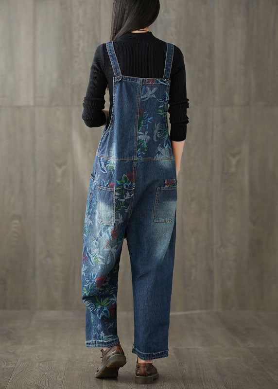 Style Navy Patchwork Print Denim Wide Leg Jumpsuit Spring