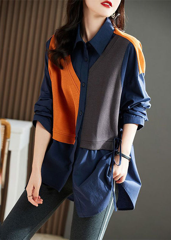 Style Navy Peter Pan Collar Patchwork Drawstring Cotton Blouse Top Long Sleeve