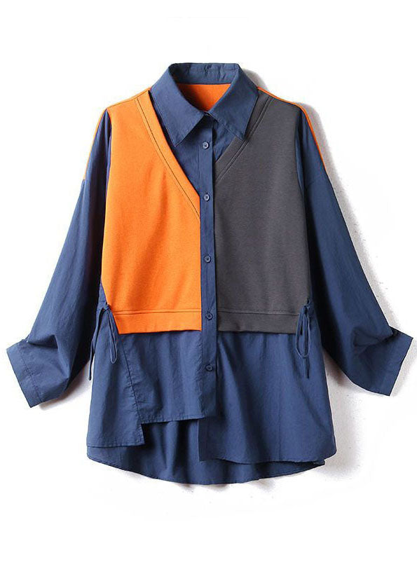 Style Navy Peter Pan Collar Patchwork Drawstring Cotton Blouse Top Long Sleeve