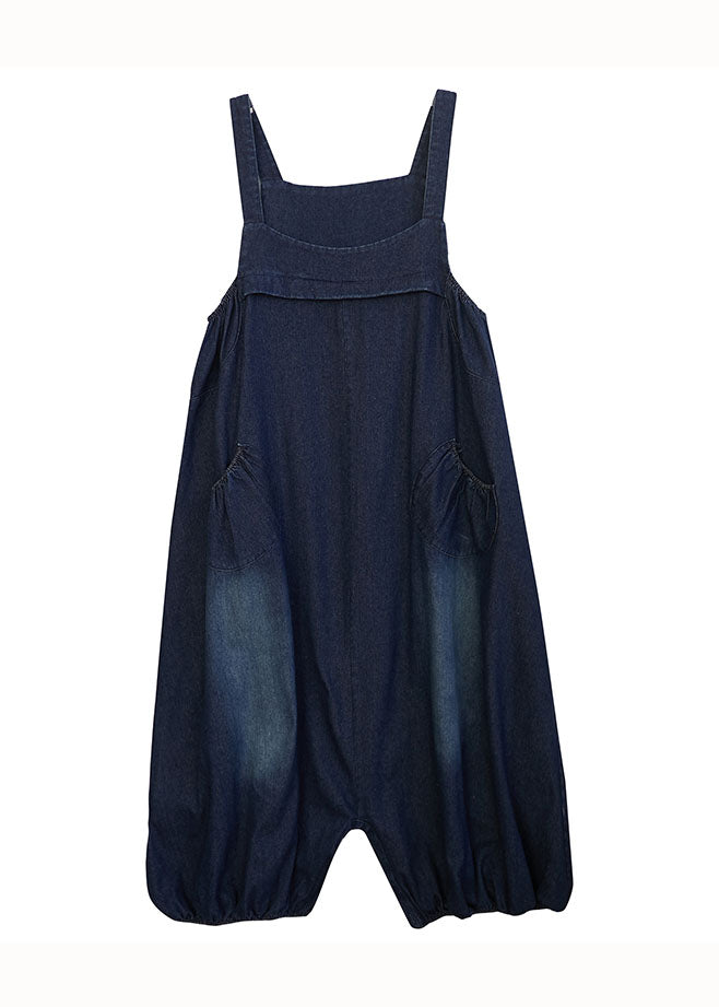 Style Navy Pockets Patchwork Denim Lantern Jumpsuit