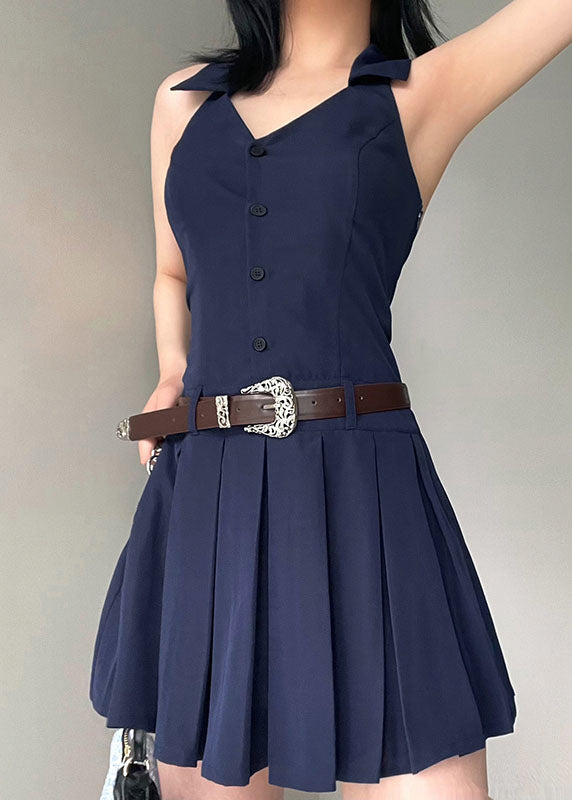 Style Navy Tie Waist Wrinkled Patchwork Cotton Mid Dress Sleeveless