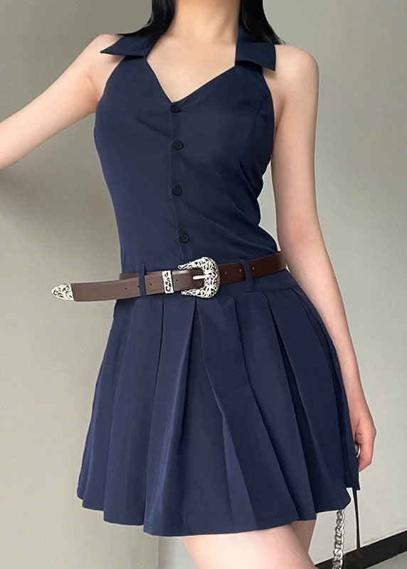 Style Navy Tie Waist Wrinkled Patchwork Cotton Mid Dress Sleeveless