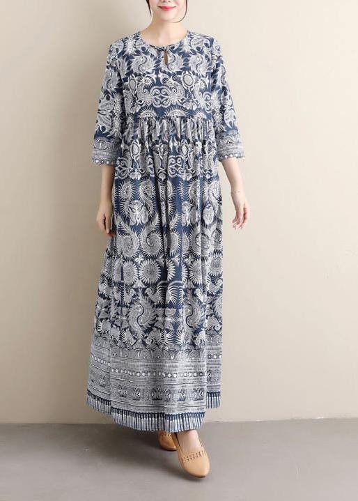 Style O Neck Cinched Summer Long Sewing Print Dress - Omychic