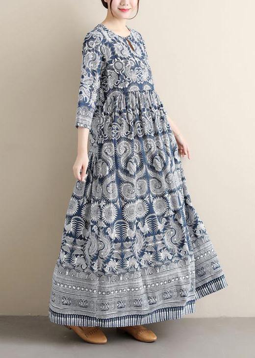Style O Neck Cinched Summer Long Sewing Print Dress - Omychic