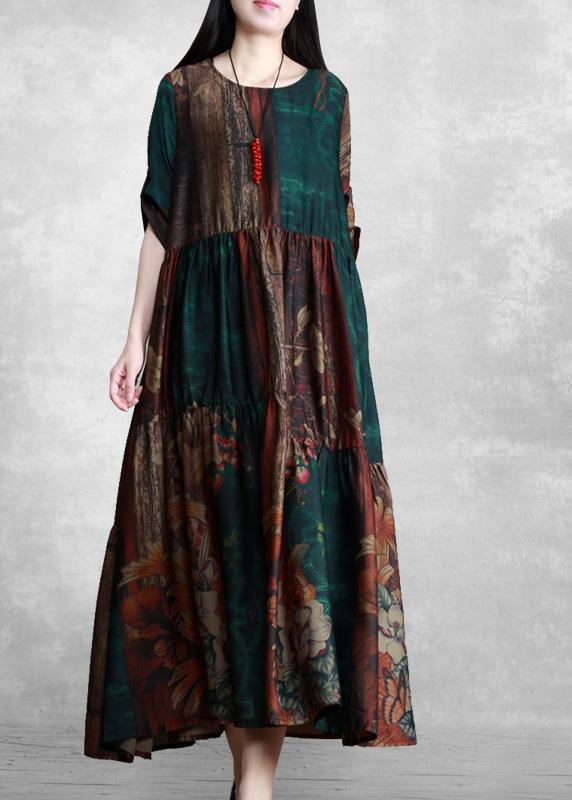 Luxy Green Print Silk Summer Dresses Loose Caftan - Omychic