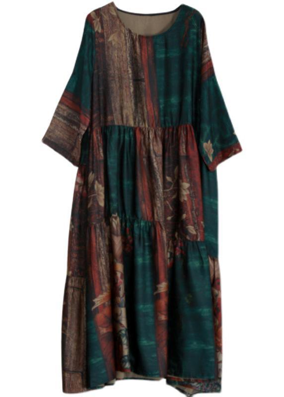 Luxy Green Print Silk Summer Dresses Loose Caftan - Omychic