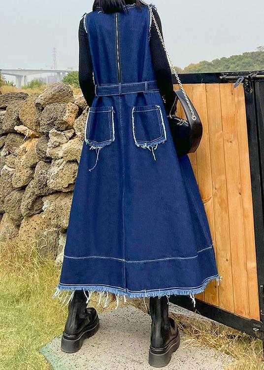 Style O Neck Patchwork Spring Tunic Pattern Sewing Denim Blue Long Dresses - Omychic