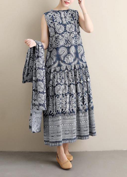 Style O Neck Sleeveless Spring Blue Print Maxi Dress - Omychic