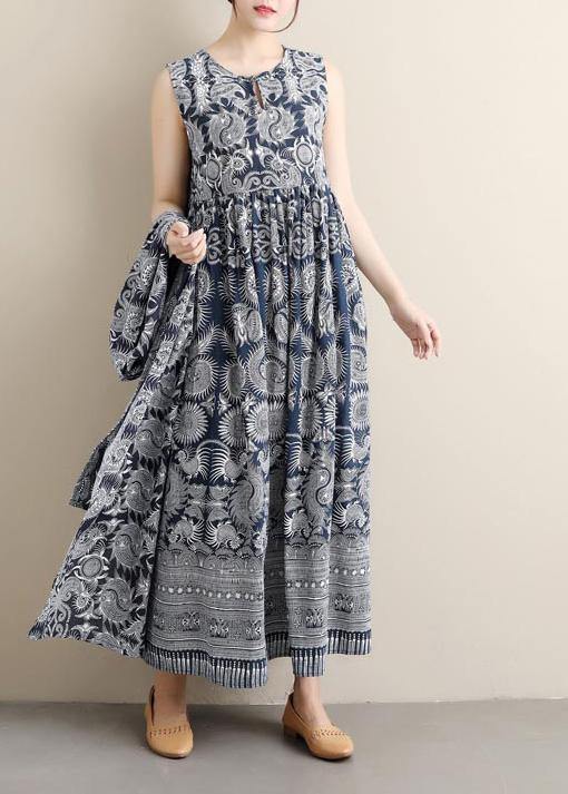 Style O Neck Sleeveless Spring Blue Print Maxi Dress - Omychic