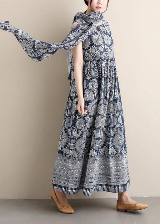Style O Neck Sleeveless Spring Blue Print Maxi Dress - Omychic