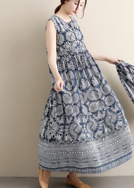 Style O Neck Sleeveless Spring Blue Print Maxi Dress - Omychic