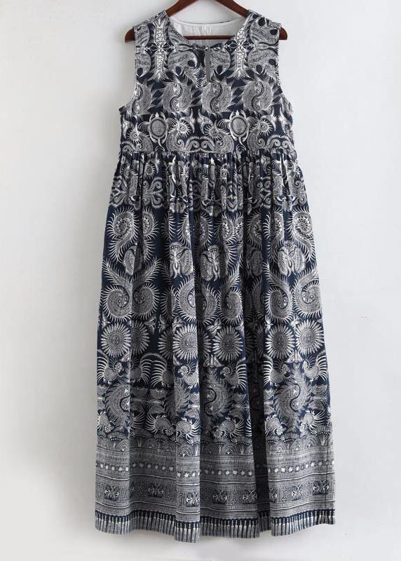 Style O Neck Sleeveless Spring Blue Print Maxi Dress - Omychic