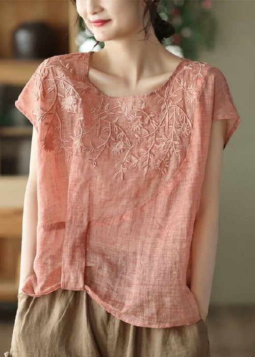 Style Orange Oversized Embroideried Linen Tank Short Sleeve