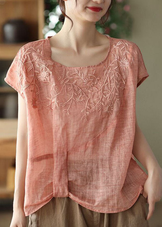 Style Orange Oversized Embroideried Linen Tank Short Sleeve