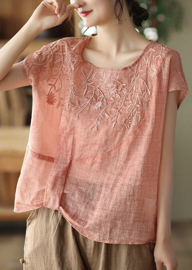 Style Orange Oversized Embroideried Linen Tank Short Sleeve