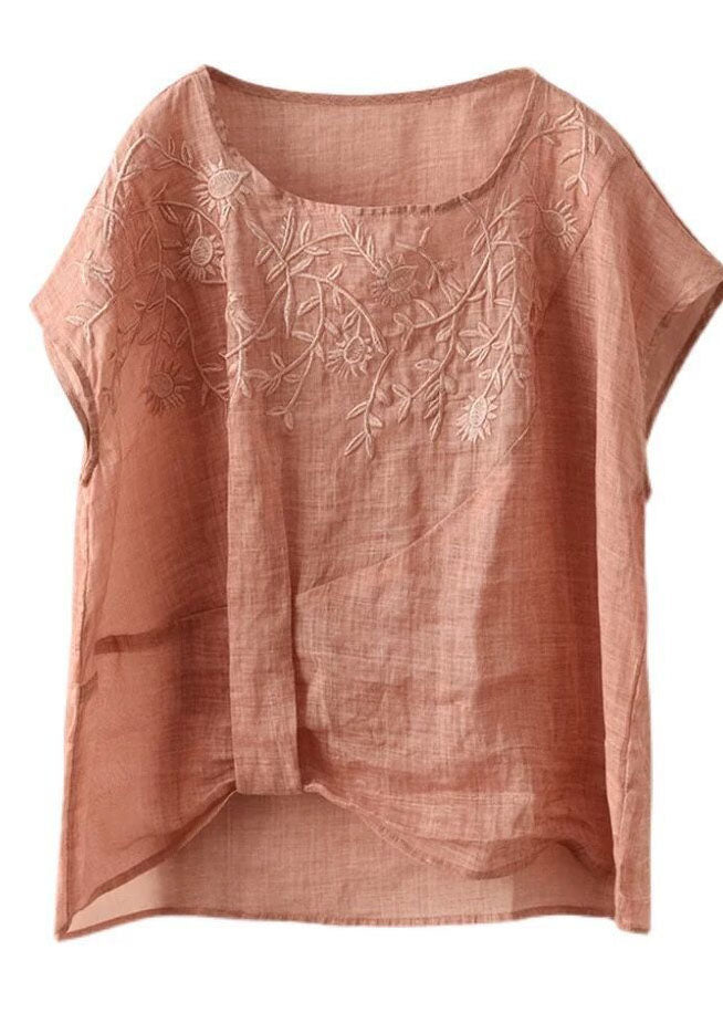 Style Orange Oversized Embroideried Linen Tank Short Sleeve