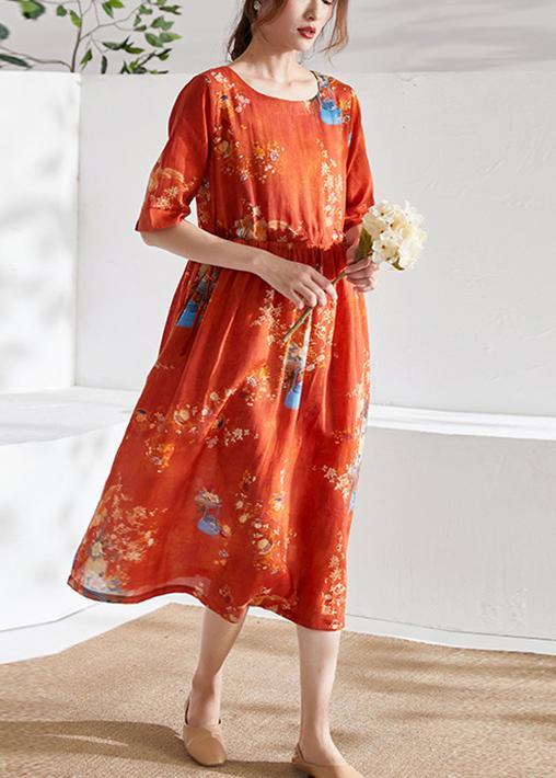 Style Orange Print O-Neck tie Waist Summer Ramie Party Dress Half Sleeve - Omychic